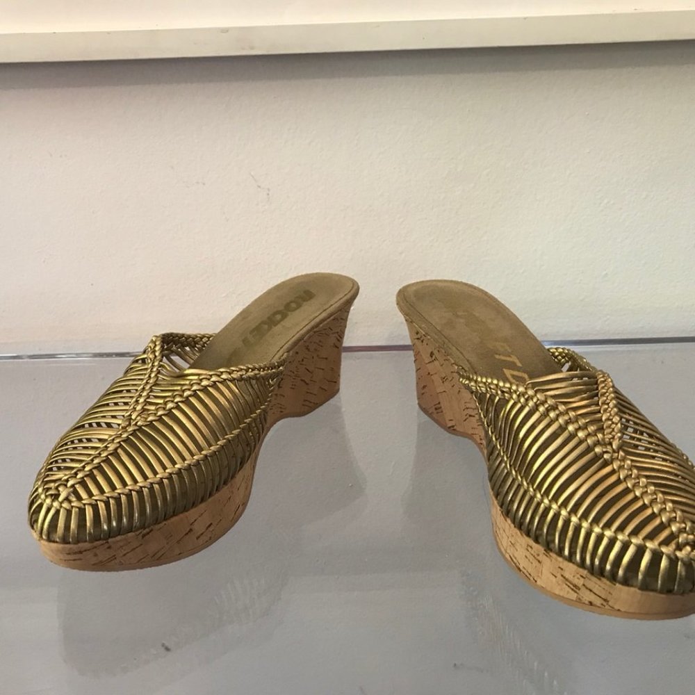 Rocket Dog decco gold + cork clogs
